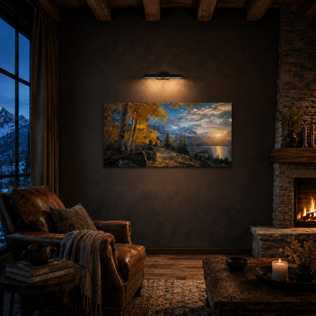 Fall Aspen Lakeside Canvas Print, Colorado Mountain Sunrise Wall Art