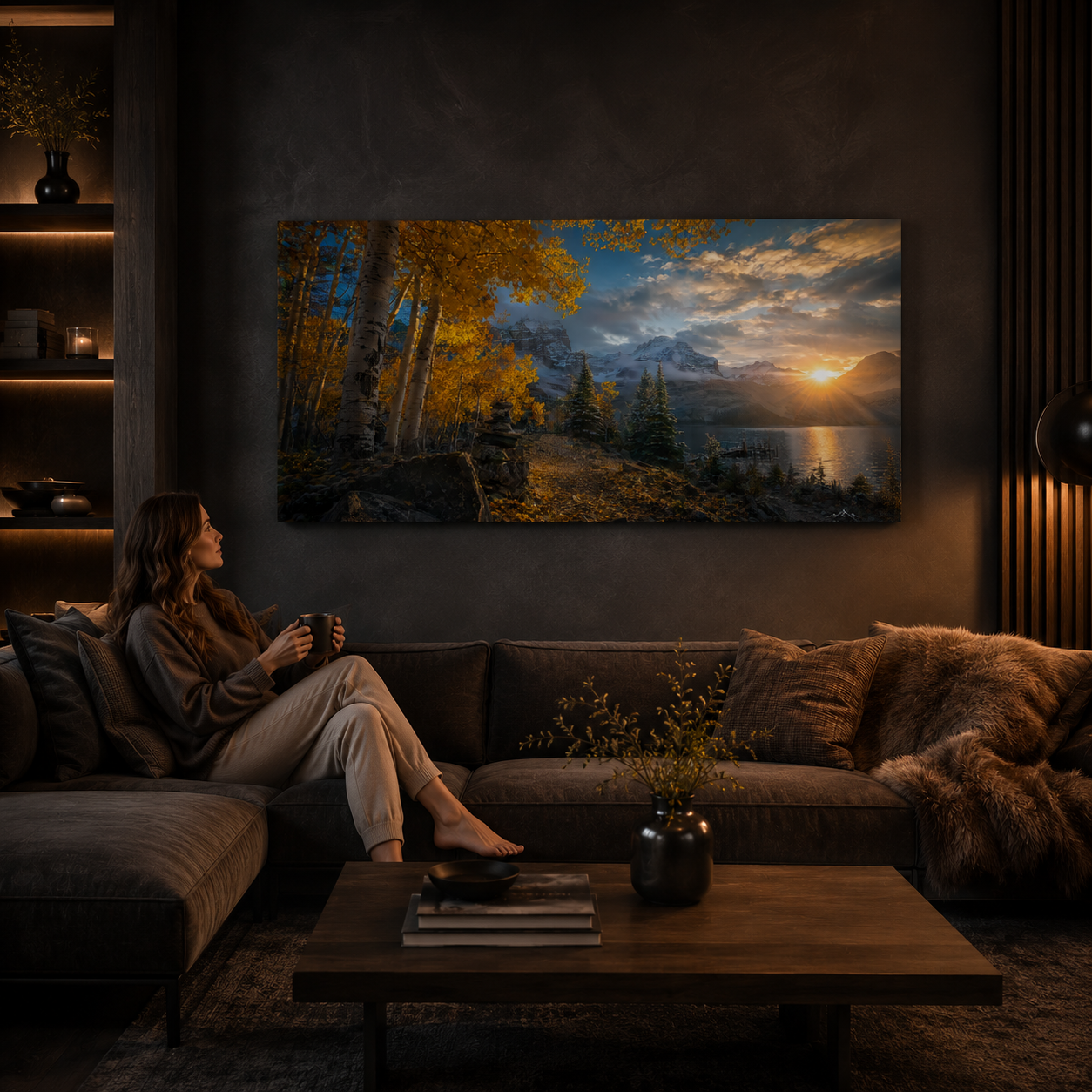 Fall Aspen Lakeside Canvas Print, Colorado Mountain Sunrise Wall Art