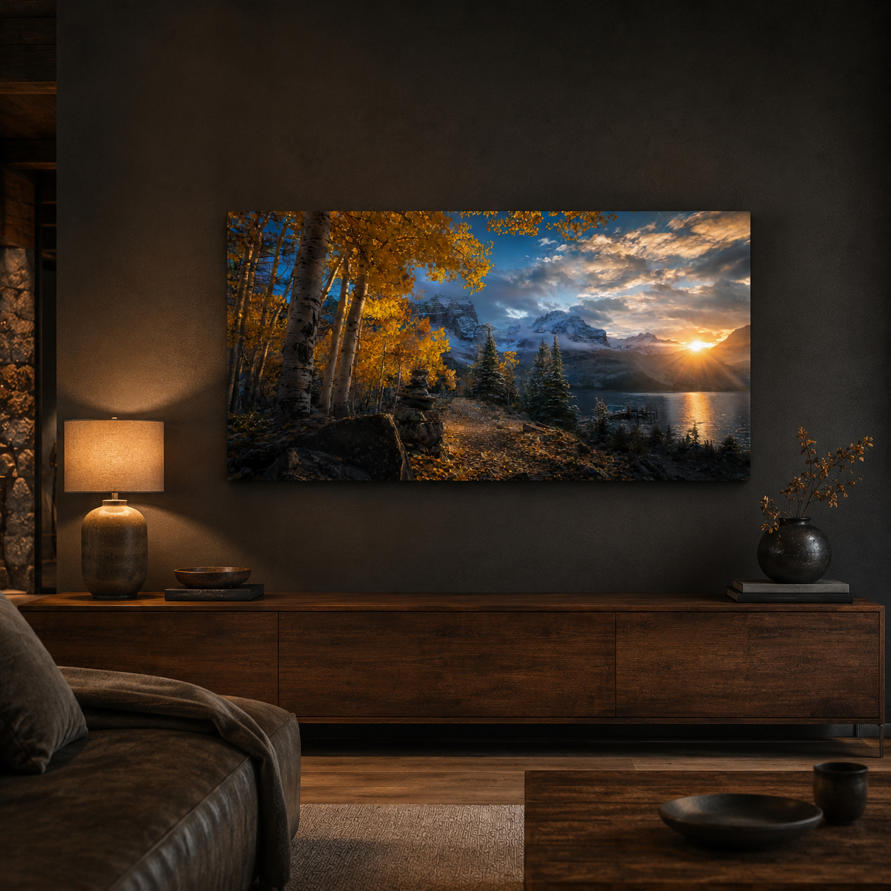 Fall Aspen Lakeside Canvas Print, Colorado Mountain Sunrise Wall Art