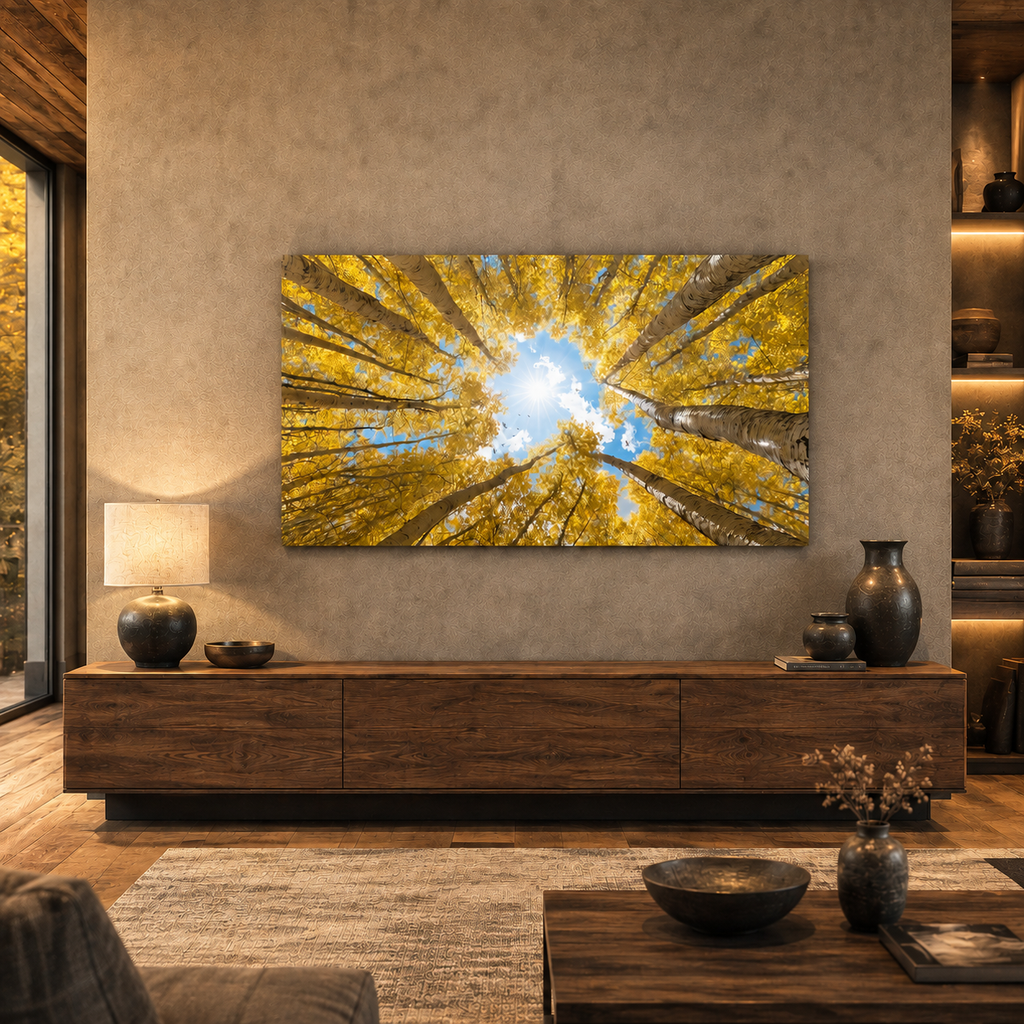 Fall Aspen Canopy Canvas Print, Colorado Sunburst Sky Wall Art