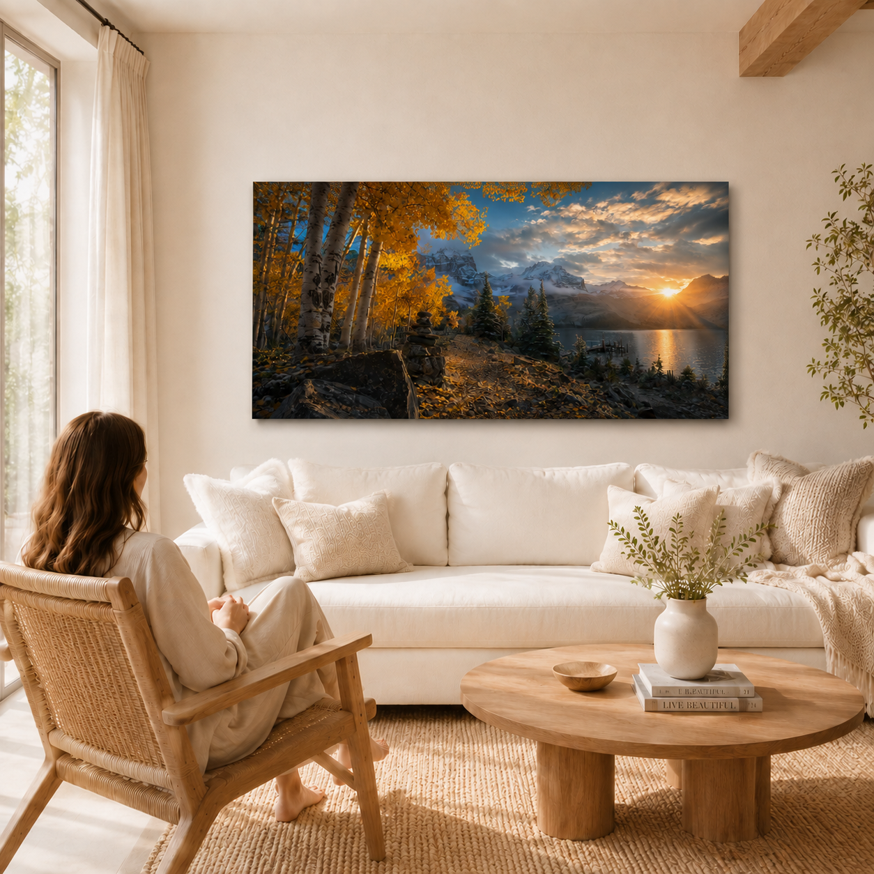 Fall Aspen Lakeside Canvas Print, Colorado Mountain Sunrise Wall Art