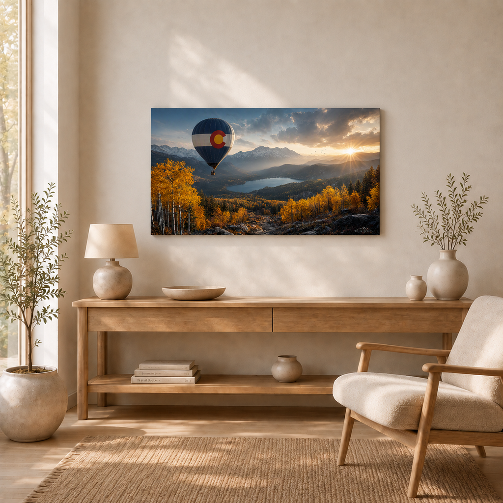 Colorado Flag Hot Air Balloon Canvas Print, Fall Aspen Mountain Wall Art