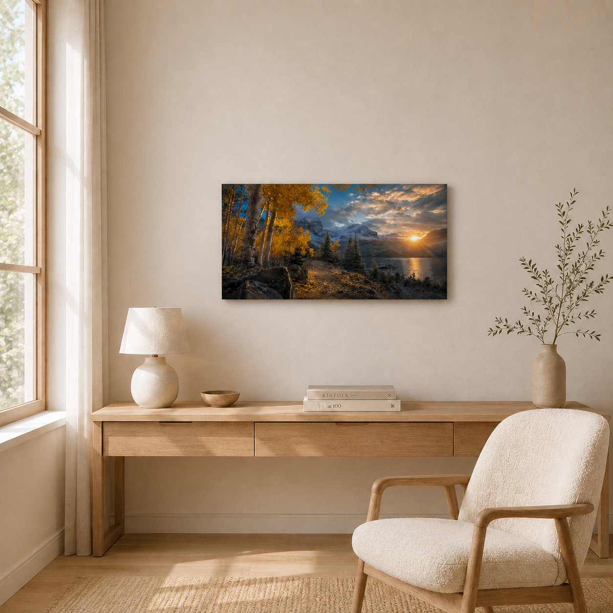 Fall Aspen Lakeside Canvas Print, Colorado Mountain Sunrise Wall Art