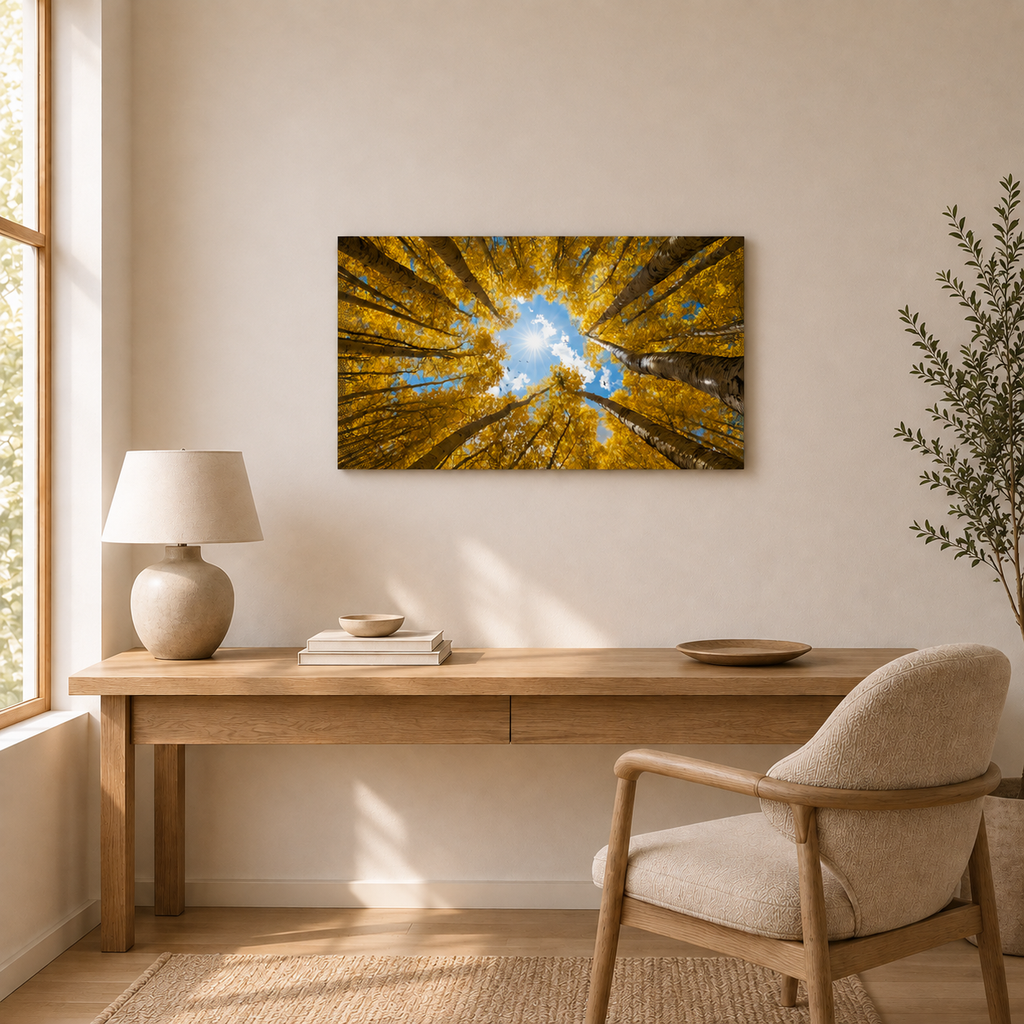 Fall Aspen Canopy Canvas Print, Colorado Sunburst Sky Wall Art