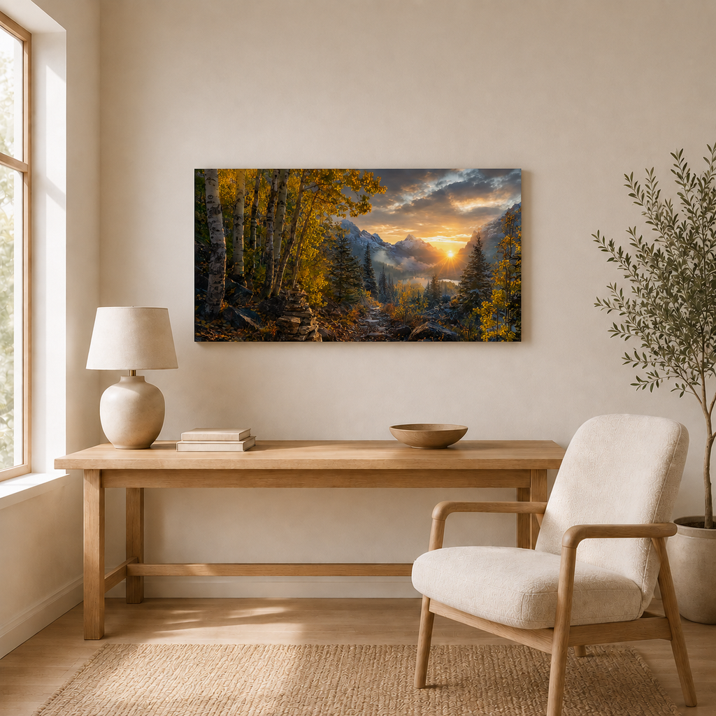 Fall Aspen Sunrise Trail Canvas Print, Colorado Mountain Wall Art