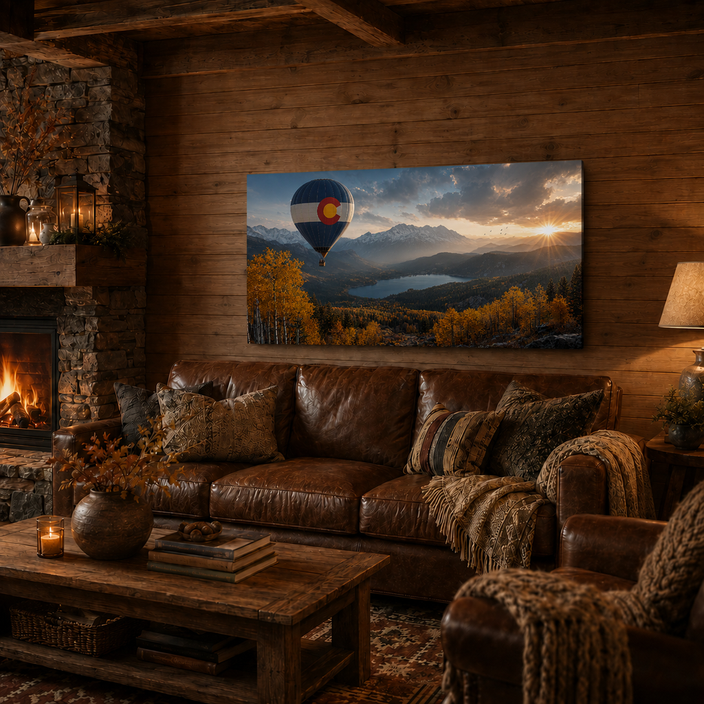 Colorado Flag Hot Air Balloon Canvas Print, Fall Aspen Mountain Wall Art