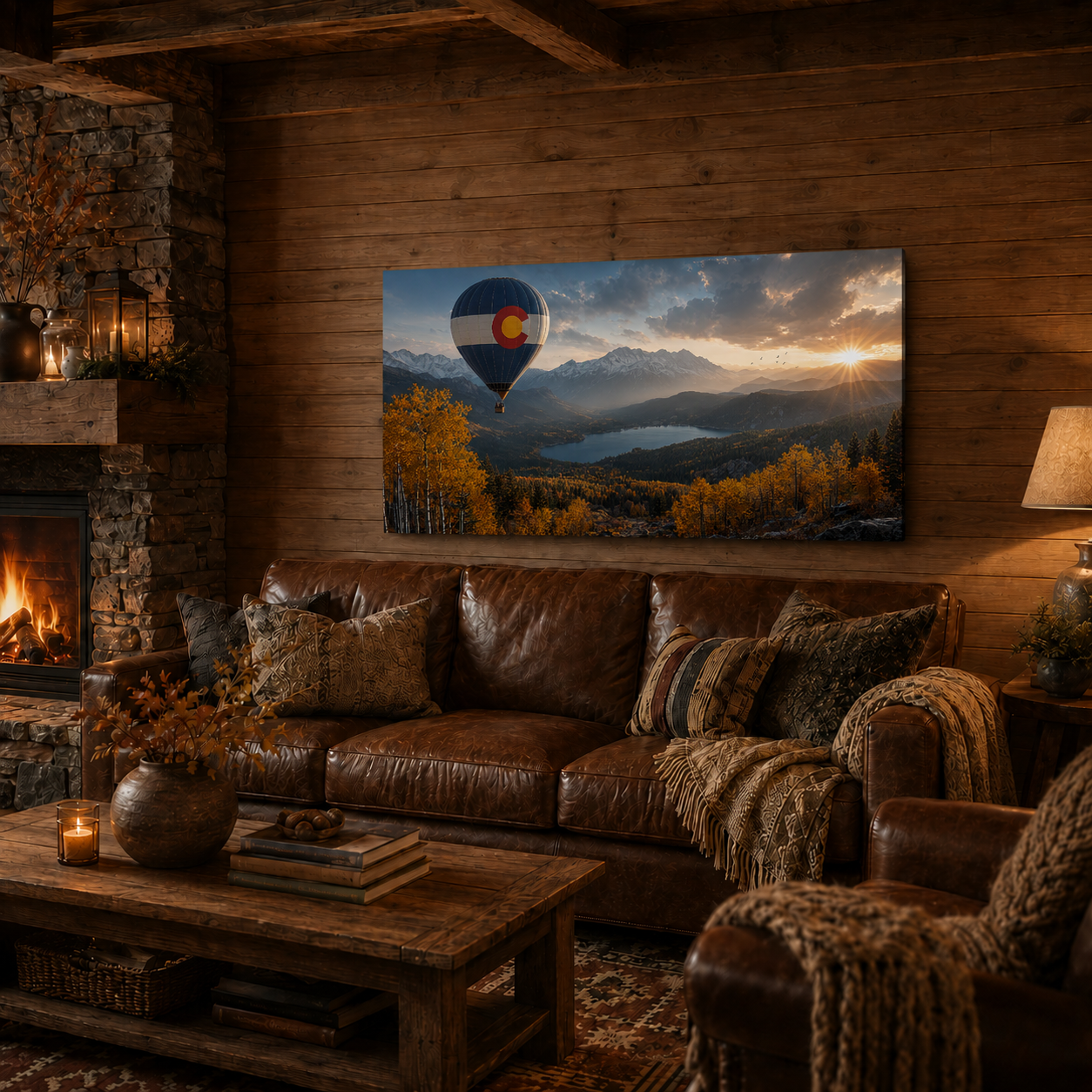 Colorado Flag Hot Air Balloon Canvas Print, Fall Aspen Mountain Wall Art