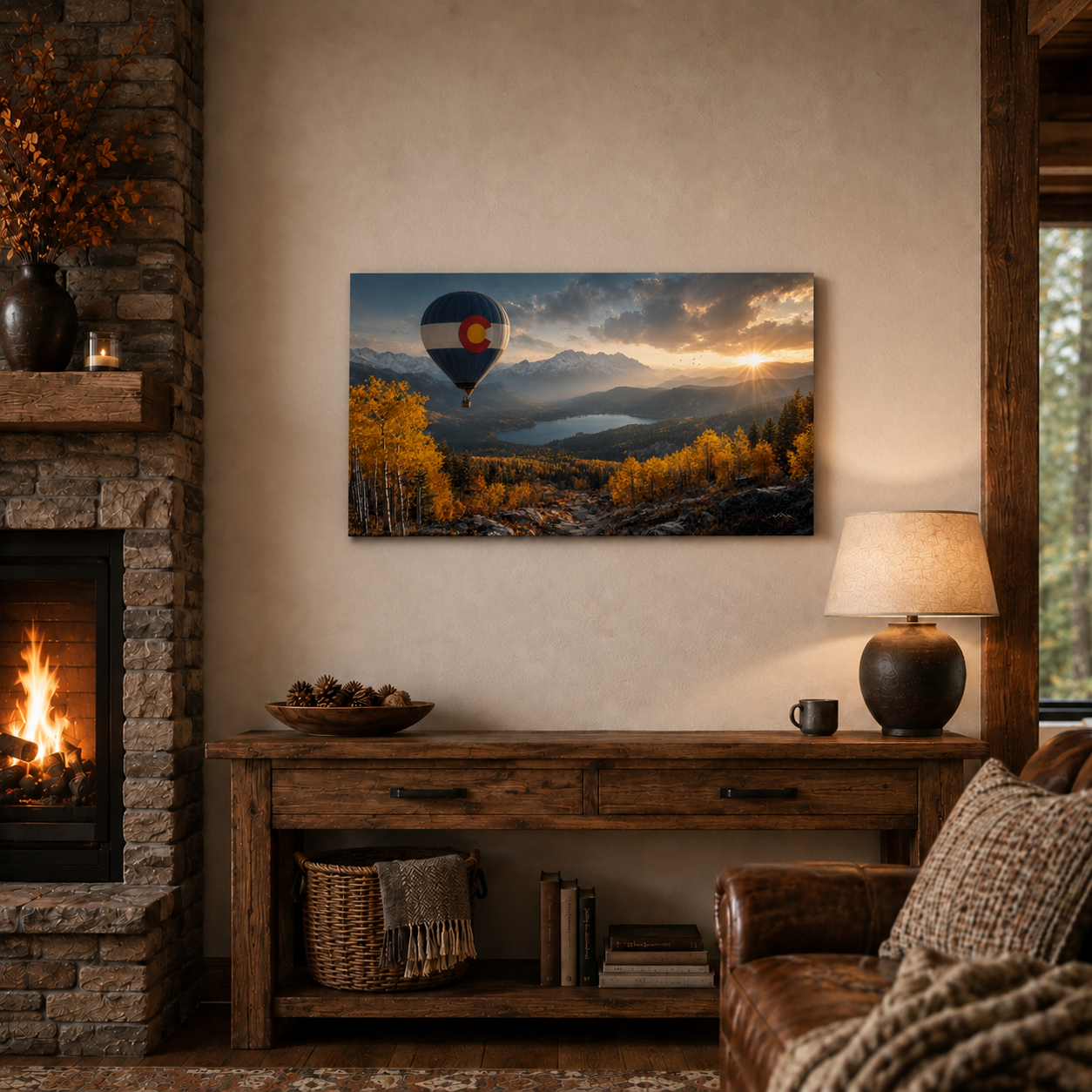 Colorado Flag Hot Air Balloon Canvas Print, Fall Aspen Mountain Wall Art
