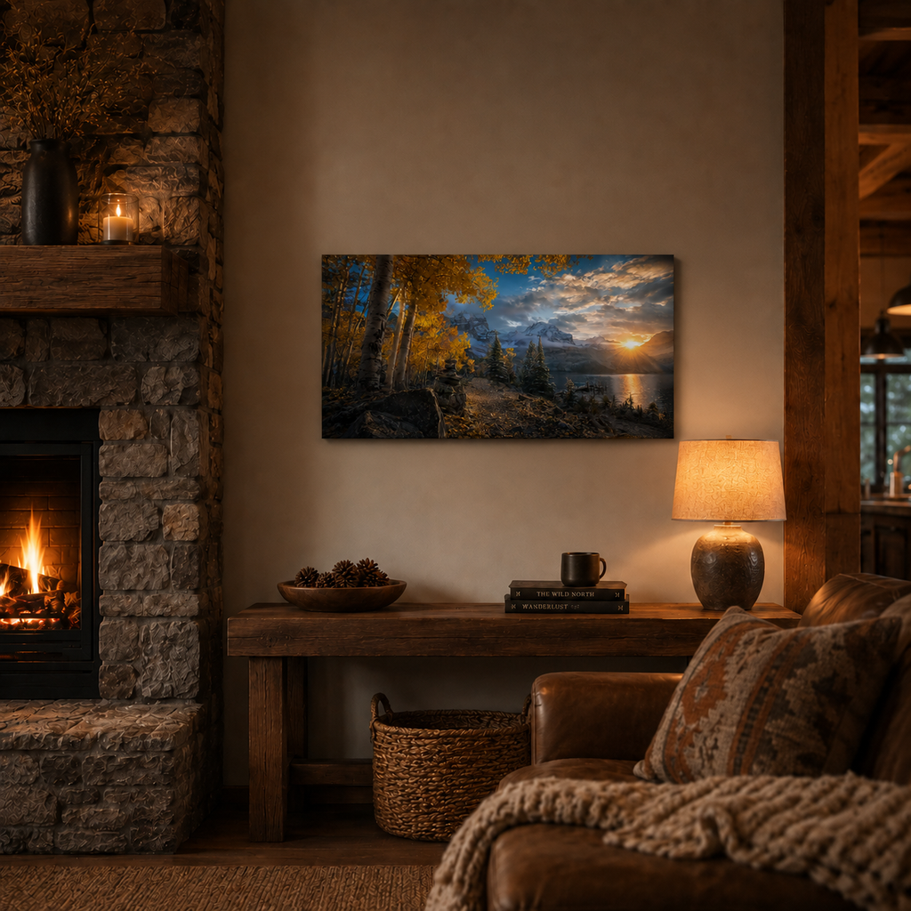 Fall Aspen Lakeside Canvas Print, Colorado Mountain Sunrise Wall Art