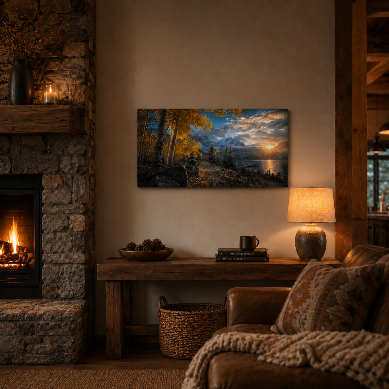 Fall Aspen Lakeside Canvas Print, Colorado Mountain Sunrise Wall Art