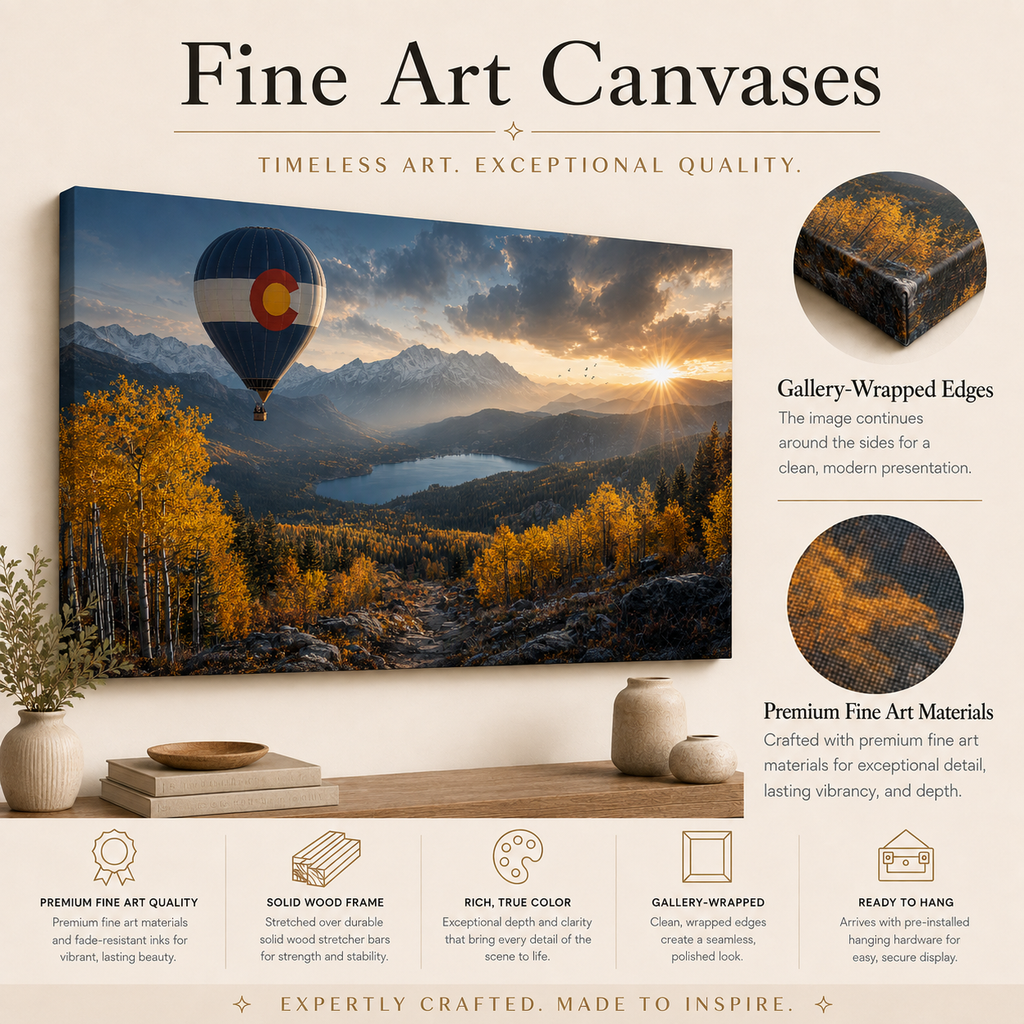 Colorado Flag Hot Air Balloon Canvas Print, Fall Aspen Mountain Wall Art