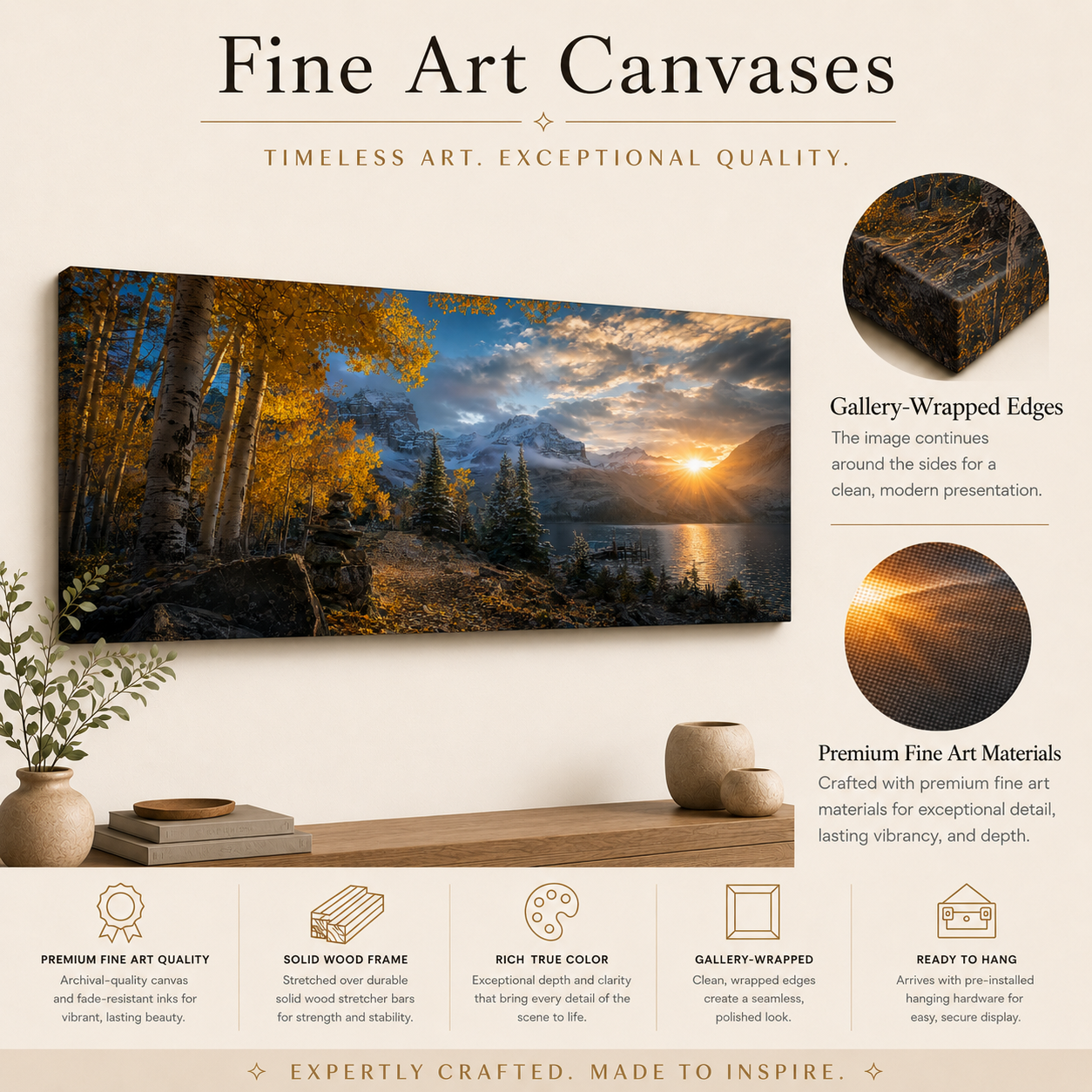 Fall Aspen Lakeside Canvas Print, Colorado Mountain Sunrise Wall Art