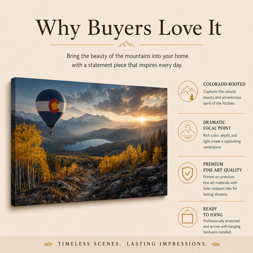 Colorado Flag Hot Air Balloon Canvas Print, Fall Aspen Mountain Wall Art