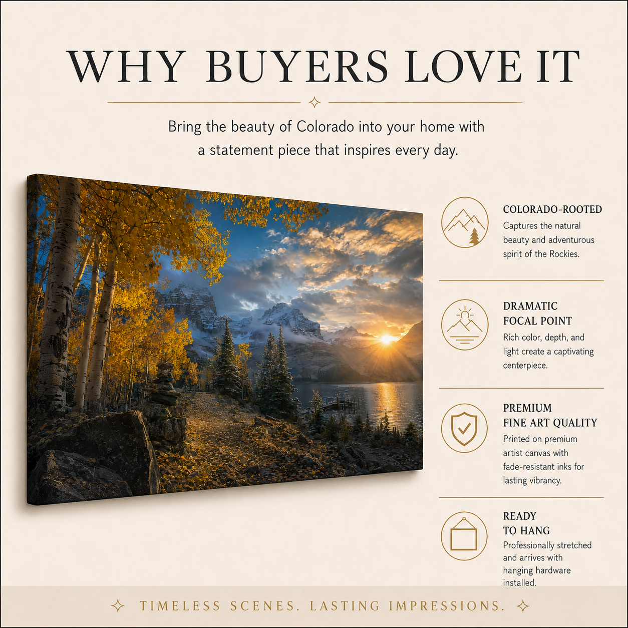 Fall Aspen Lakeside Canvas Print, Colorado Mountain Sunrise Wall Art